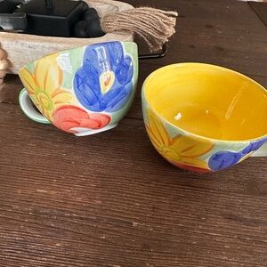Bob Mackie yellow blue floral botanical oversized vintage mug set